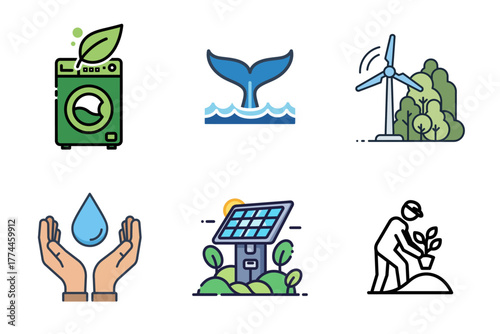 Eco-Friendly and Sustainable Living Icons: Renewable Energy, Conservation, and Environmental Protection Vector Set