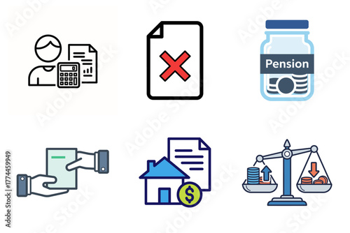 Business and Financial Management Icons Set: Planning, Pension, Real Estate, Investment, and Documents
