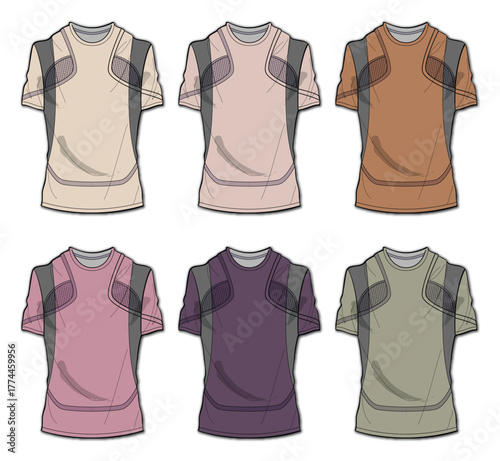 Collection of six athletic t-shirt vector designs. Features technical fabric patterns and color-block paneling, ideal for sportswear, fitness apparel, and active lifestyle fashion templates