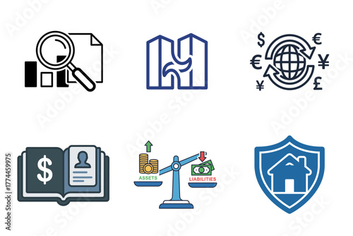 Business and Finance Icon Set: Data Analysis, Global Economy, Accounting, Assets & Liabilities, Real Estate Security