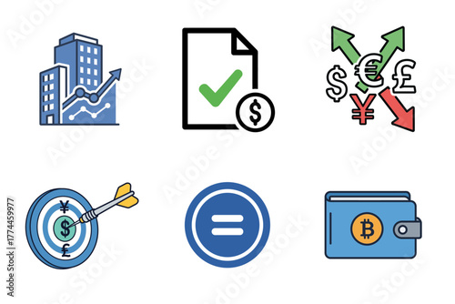 Set of Business and Finance Vector Icons: Growth, Currency Exchange, Investment Goals, and Cryptocurrency Wallet