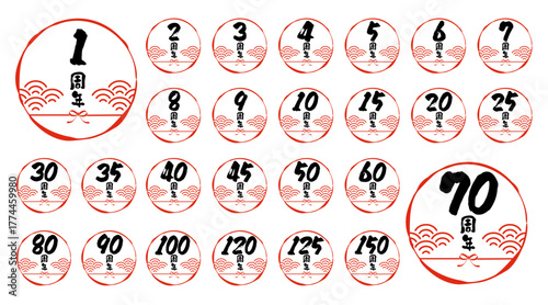 和柄を用いた周年記念のアイコンセット。白背景にベクターイラスト。