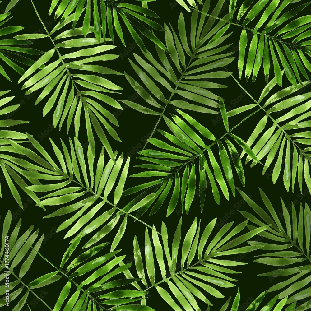 Fototapeta premium Seamless pattern Illustration with hand-drawn watercolor palm leaves in deep emerald and forest green shades on black background