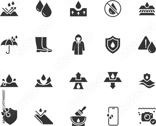 Vector set of waterproof flat icons. Contains icons moisture repellent, waterproofing, absorbent, umbrella, raincoat, rubber boots and more. Pixel perfect.