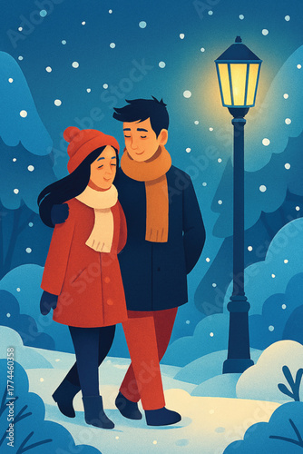 Paper Cut Style Couple Walking in Snow Forest