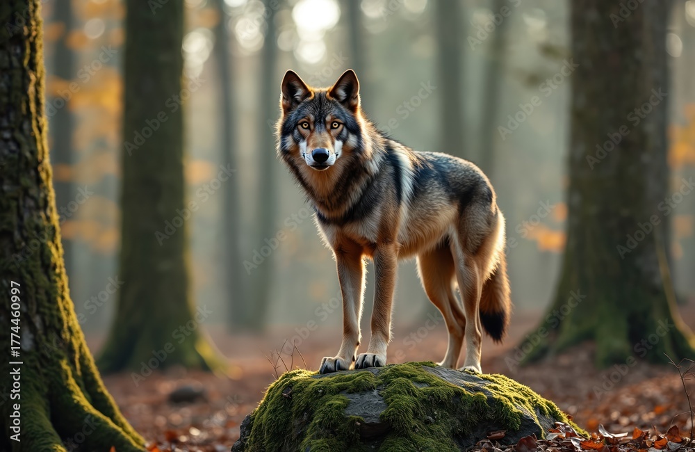 Obraz premium Wild gray wolf stands on moss-covered rock in quiet autumn forest. Predatory animal looks directly at viewer with piercing eyes. Fur blends with nature background. Lone timber wolf in wilderness