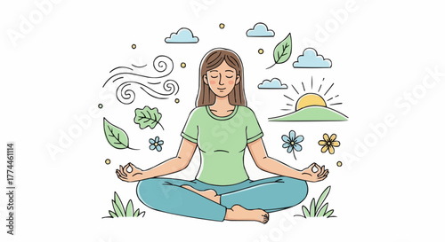 A tranquil moment: woman embracing mindfulness and nature in a meditative pose, fostering inner peace and wellbeing.