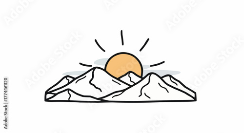 A simple illustration of snowy mountain peaks silhouetted against a radiant, minimalist sunrise in a clean design.