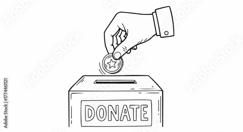 Depiction of a hand contributing a coin into donation box, showcasing support and generosity towards charitable causes.