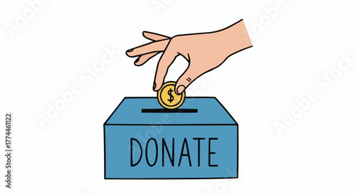 A hand drops a coin into a blue donation box with the word "donate" written in black ink across the front.
