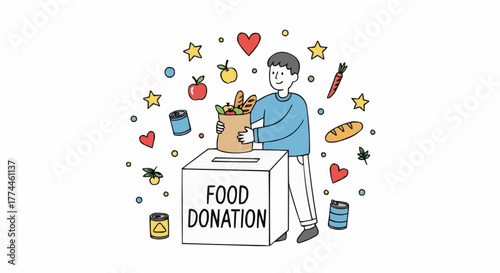 Illustration of a man donating groceries to a food bank box to support food donation programs for those in need.