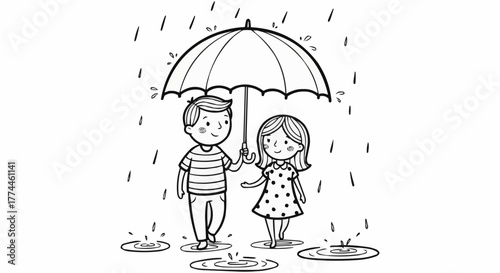 Cute couple walking in the rain, sharing an umbrella, with raindrops falling and puddles forming on the ground.