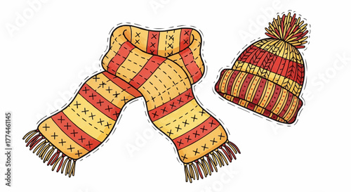 A watercolor scarf and pompom hat. The scarf is orange and yellow striped with tassels, while hat is red and yellow. 