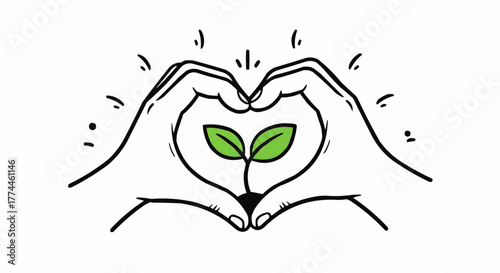 Heart-shaped hands protect the seedling, symbolizing love for the environment and care for the plant's growth.