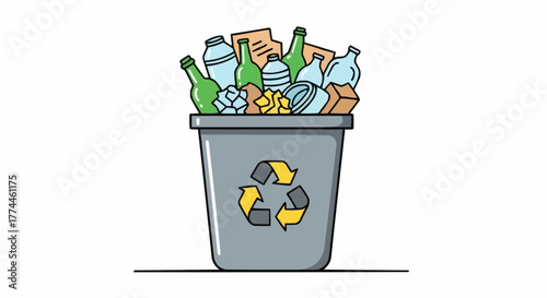 The recycle bin is overflowing with glass bottles, cans, paper, cardboard and other recyclable materials. 