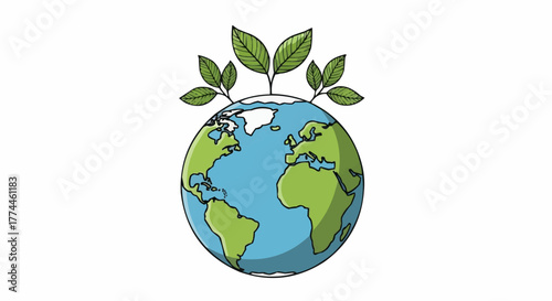 Cartoon globe adorned with green leaves, symbolizing environmental awareness and sustainability. Global ecosystem health.