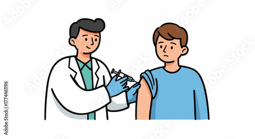 Cartoon image showing a doctor giving a patient an injection for immunization against illness at a medical facility.