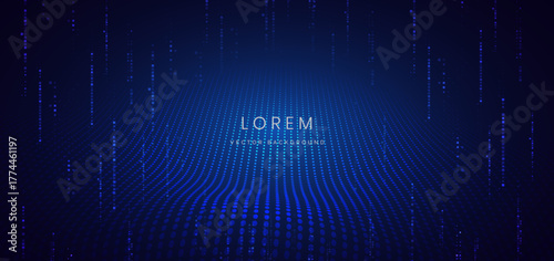 Futuristic glowing particle blue wave on dark blue background.