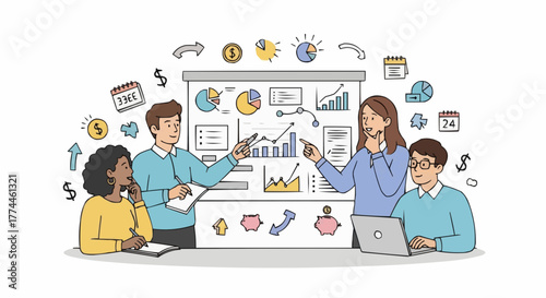 Team analyzes charts on a whiteboard, collaborating on financial strategies and discussing market trends in a meeting room.