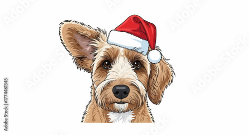 A whimsical vector art of a terrier dog with floppy ears, and big brown eyes, adorning a festive Santa hat.