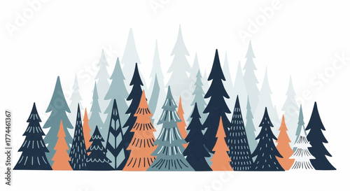 Stylized trees create a wintry forest scene, perfect for greeting cards or backgrounds. A whimsical illustration.