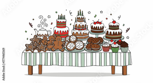 A festive table laden with sweet treats: cakes, cookies, cupcakes, and gingerbread, ready for a delightful celebration.