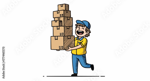 Enthusiastic delivery person carries a tall stack of boxes, smiling as they manage their heavy load with a cheerful attitude.