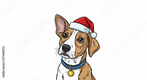 A festive cartoon dog with tan and white fur is wearing a red Santa hat and a blue collar with a gold tag.