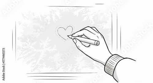 A hand draws a heart on a frost-covered window, creating a cozy, romantic scene on a cold winter day.