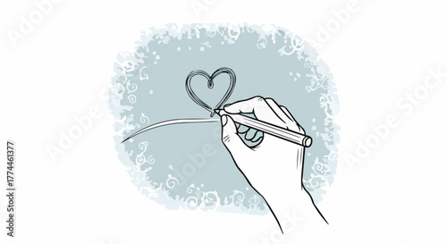 A hand meticulously draws a heart with a pen, symbolizing love and artistry against a swirling backdrop of patterns.