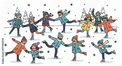 Joyful children are enjoying ice skating in winter. They wear colorful clothes and warm hats, scarves, and mittens.