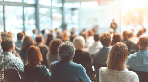 Business professionals attending a seminar audience engaging in training session led by an expert