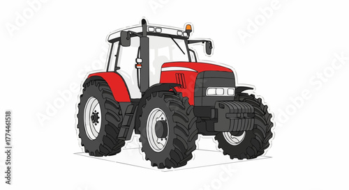 A red and gray tractor. It has huge tires and is ready for the field. This machinery is a farmer's best friend.