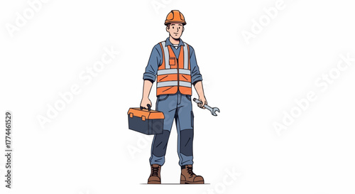 Construction worker with safety gear holds toolbox and wrench in a studio. Ready to work on projects now.