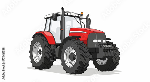 A red and gray tractor with large tires stands ready for work, embodying strength and efficiency on the farm field.