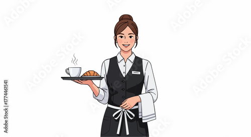 A waitress holding a tray with a cup of coffee and a croissant, smiling, ready to provide great service to clients.