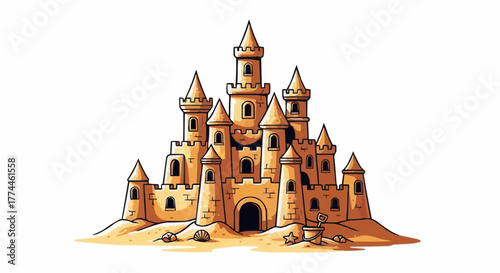 A majestic sandcastle stands tall on the beach, complete with towers, windows, a grand entrance, and beachy details.