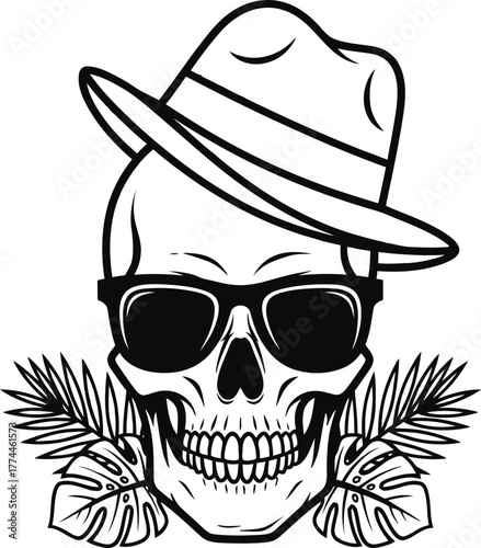 Skull with hat and sunglasses for summer party vector illustration