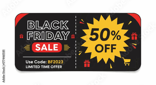 Black Friday promotional sale, featuring 50% off, a coupon code, presents, and a shopping cart on a stark background.