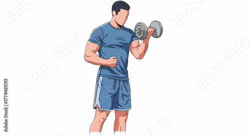 Illustration of a man doing bicep curls with a dumbbell, depicting fitness, strength training, and exercise routine.