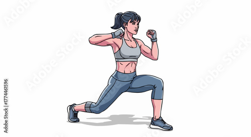 A strong woman with a ponytail is doing lunges and raising her fists in a fighting stance on a white background.