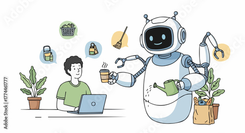 Illustration depicting a friendly robot assisting a man working on his laptop, offering coffee and managing household tasks.