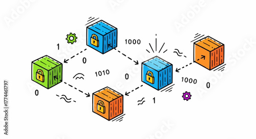 A colorful diagram depicts a secure, linked network of data blocks ensuring secure information flow and safe transactions.