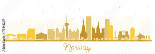 Norway city skyline silhouette with golden buildings isolated on white. Illustration. Concept with historic and modern architecture. Norway cityscape with landmarks. Oslo. Stavanger. Trondheim.