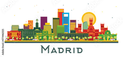 Madrid Spain City Skyline with Color Buildings isolated on white. Illustration. Business Travel and Tourism Concept with Historic Architecture. Madrid Cityscape with Landmarks.
