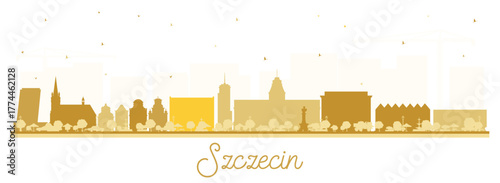 Szczecin Poland city skyline silhouette with golden buildings isolated on white. Illustration. Szczecin cityscape with landmarks. Business and tourism concept with and historic architecture.
