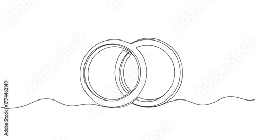 A minimalist illustration of two wedding rings drawn in a continuous one line art style, a symbol of eternal love and unity