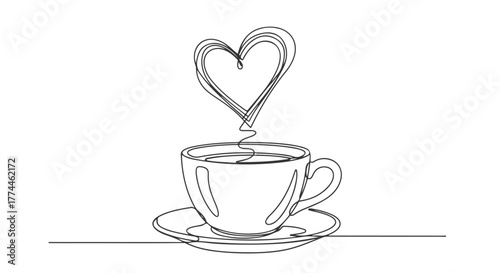 A delightful one line continuous drawing of a steaming coffee cup with a heart shape rising from the steam, symbolizing love for coffee