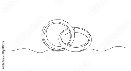 Minimalist intertwined wedding rings drawn with a single one continuous line, a vector illustration symbolizing eternal love and marriage