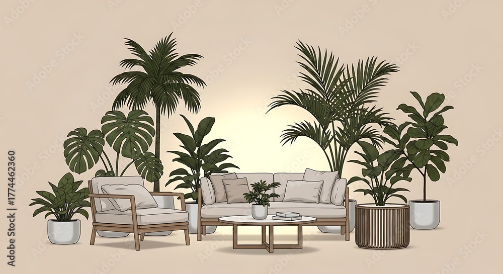 Fototapeta premium Indoor tropical garden setting with modern furniture and beige backdrop